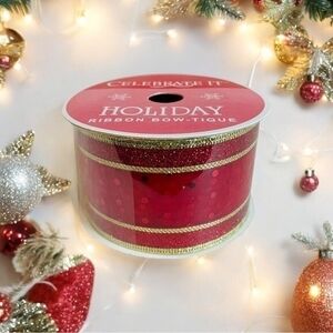 Celebrate It Red Gold Dot Wired Holiday Ribbon 2.5"x10yd New